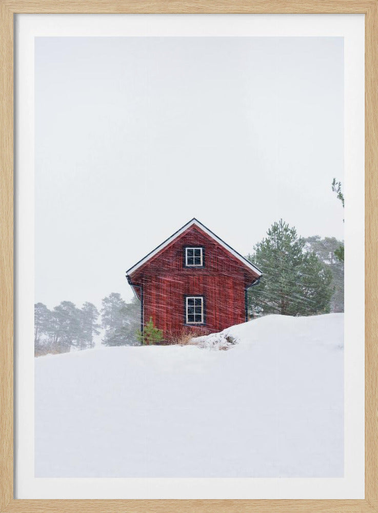 Old red house during snowstorm | Poster