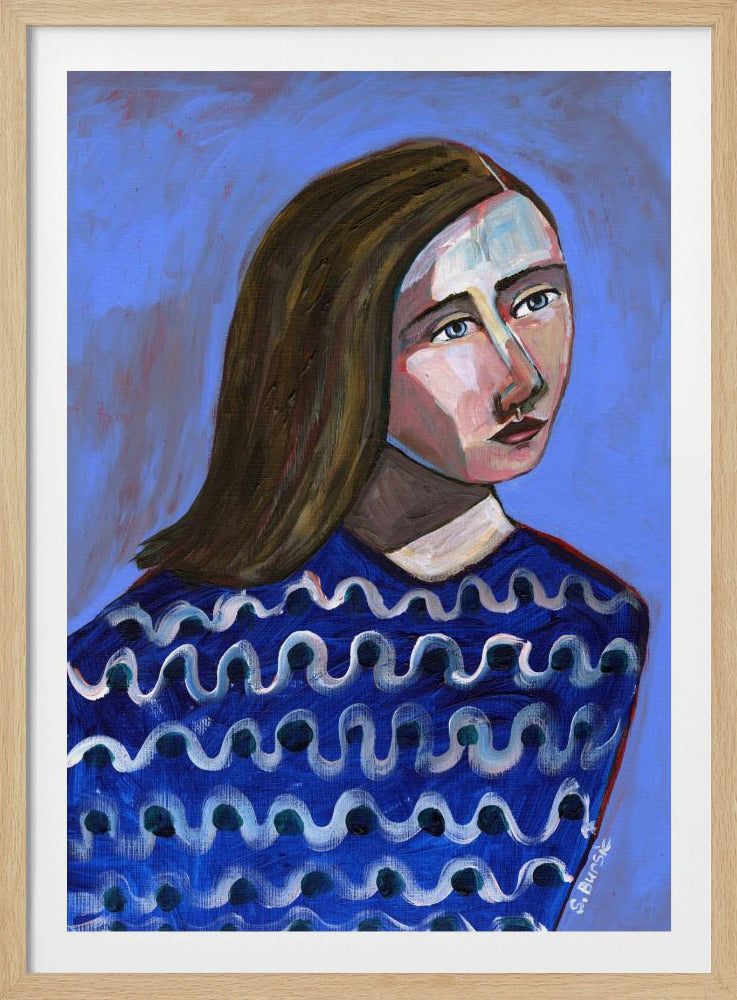 Woman in Blue Sweater Naive Portrait Figurative | Poster