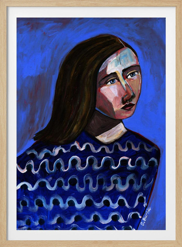 Woman in Blue Sweater Naive Portrait Figurative | Poster