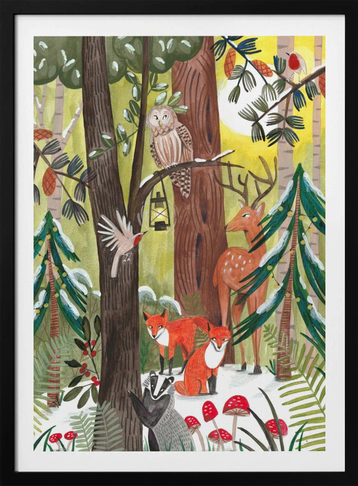 Green Christmas forest with animals | Poster