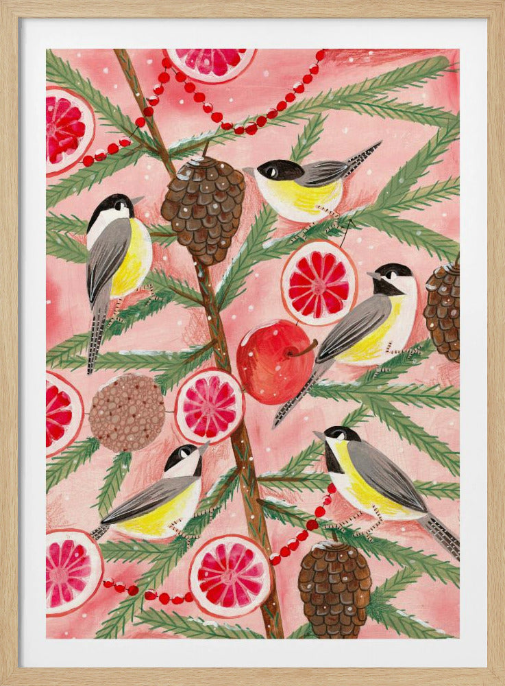 Winter birds Tits in the pine tree at Christmas | Poster