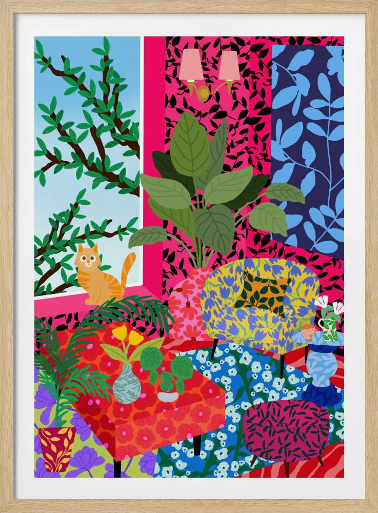 Cat in Flower Power Livingroom | Poster