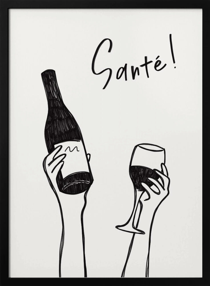 Hands holding a wine bottle and a wine glass with the text "Cheers!" in French | Poster