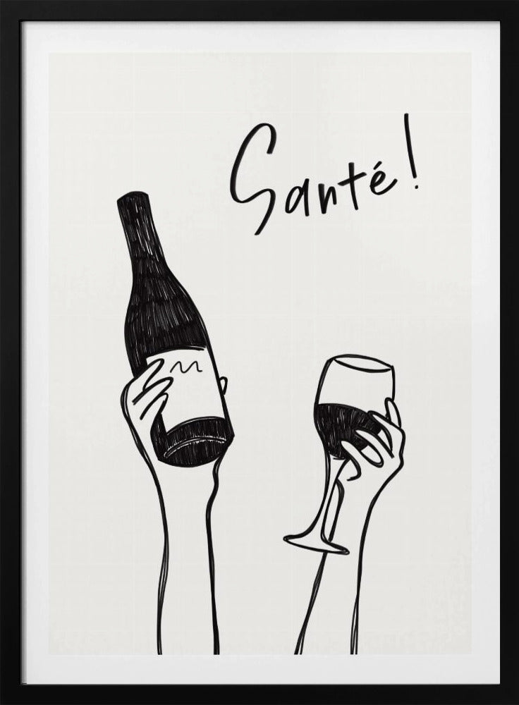 Hands holding a wine bottle and a wine glass with the text "Cheers!" in French | Poster