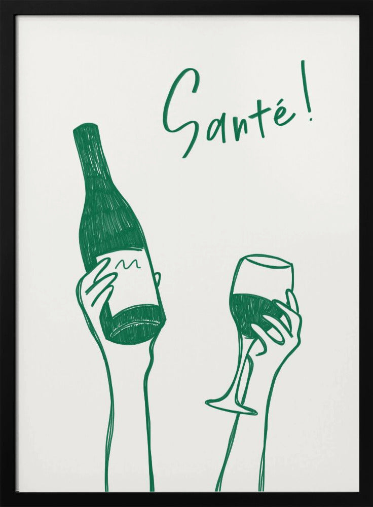 Hands holding a wine bottle and a wine glass with the text "Cheers!" in French | Poster