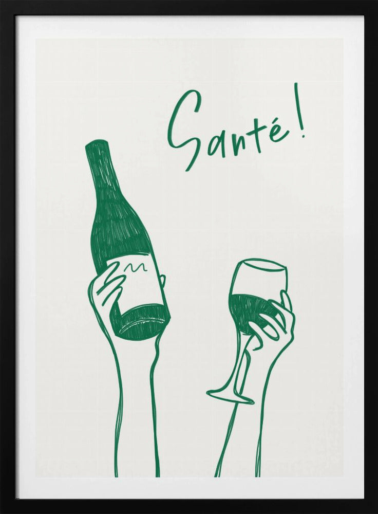 Hands holding a wine bottle and a wine glass with the text "Cheers!" in French | Poster