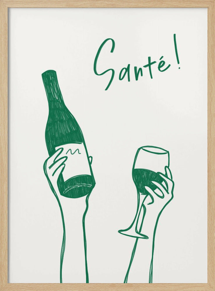 Hands holding a wine bottle and a wine glass with the text "Cheers!" in French | Poster
