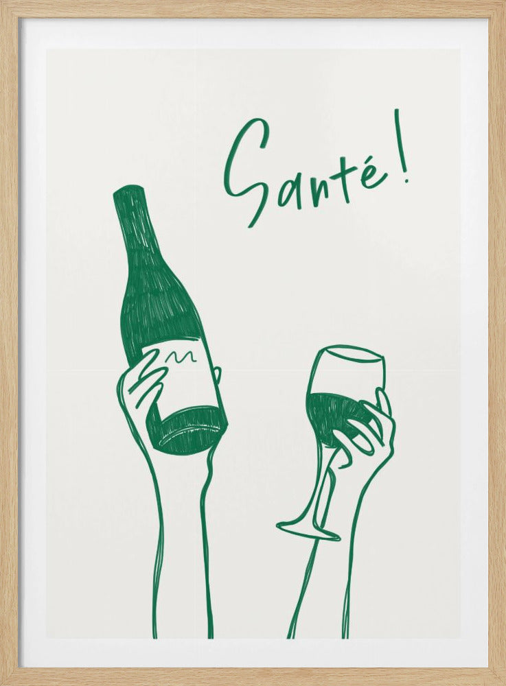Hands holding a wine bottle and a wine glass with the text "Cheers!" in French | Poster