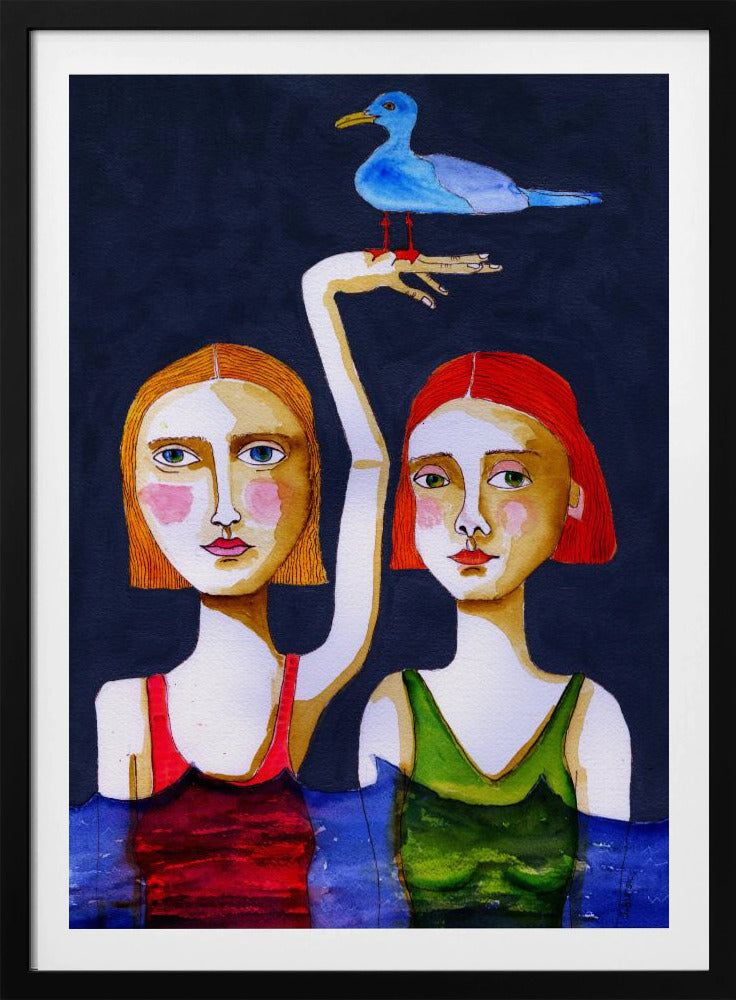 Swimming Girls with Blue Seagul. | Poster