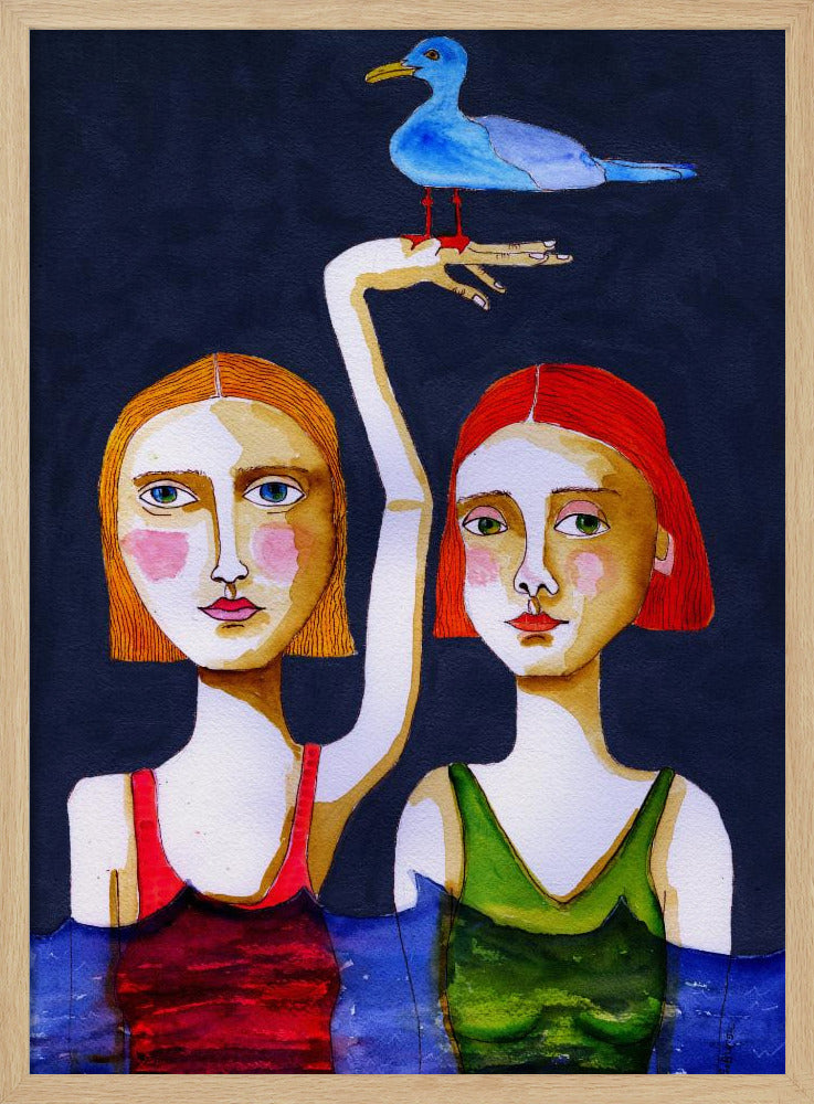 Swimming Girls with Blue Seagul. | Poster