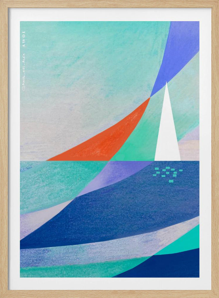 Abstract Ocean Art With Minimalist White Sailboat On The Sea | Poster