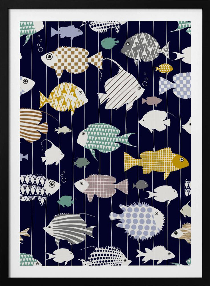 Fresh fish on dark navy blue pattern | Poster