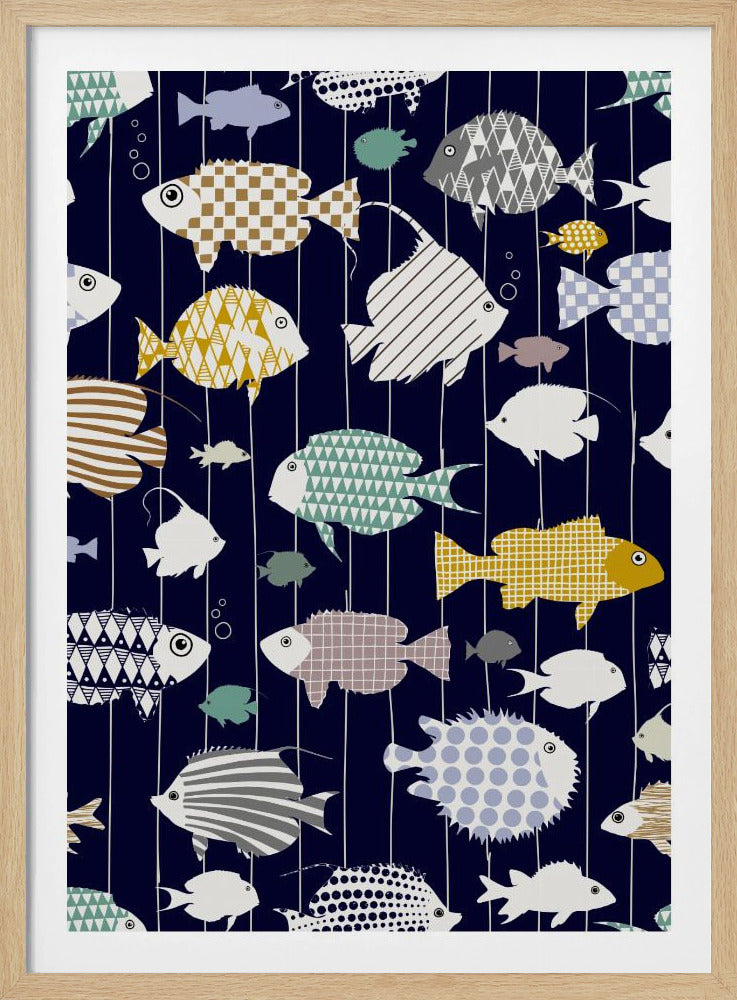 Fresh fish on dark navy blue pattern | Poster
