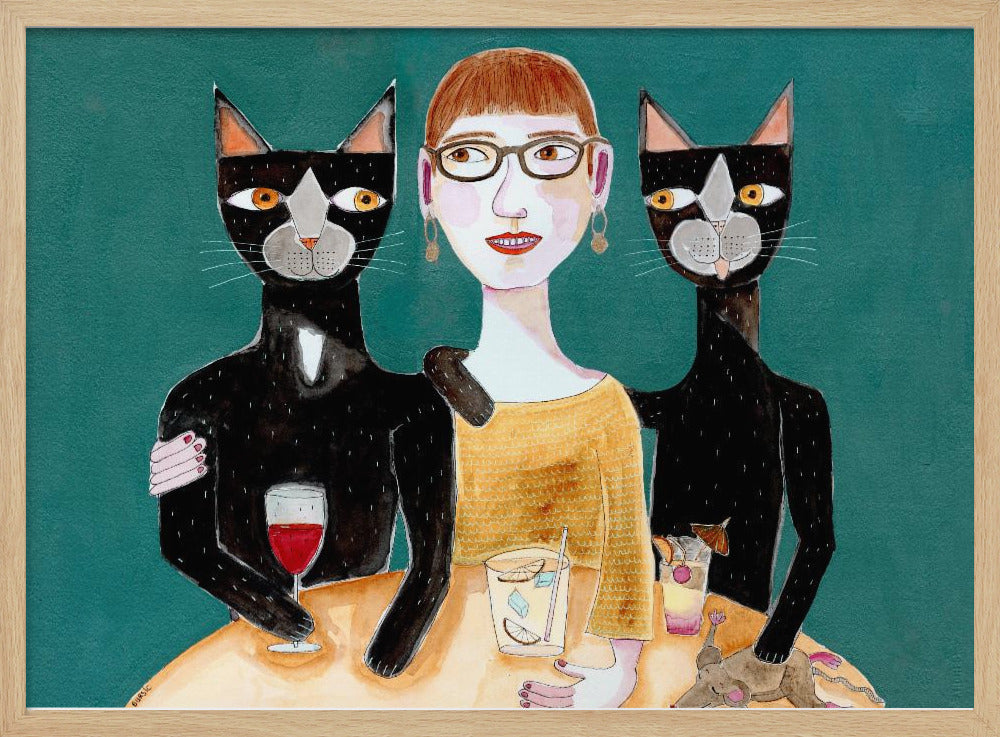 Lady with her two black cats having drinks | Poster