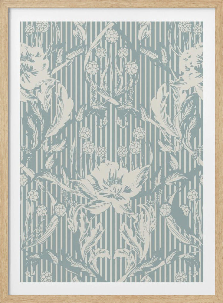 Floral Heritage Morris monochrome stripes chalky blue pattern | Poster