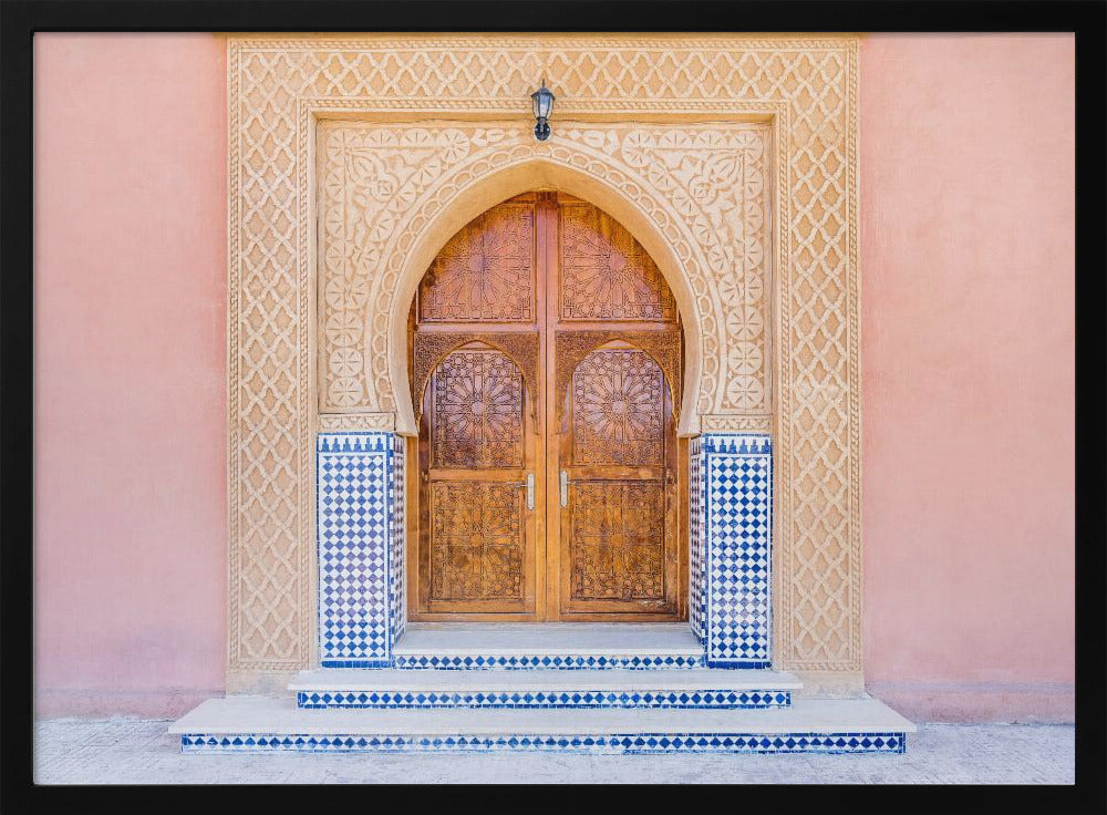 Brown door, blue tiles, pink wall in Morocco | Poster