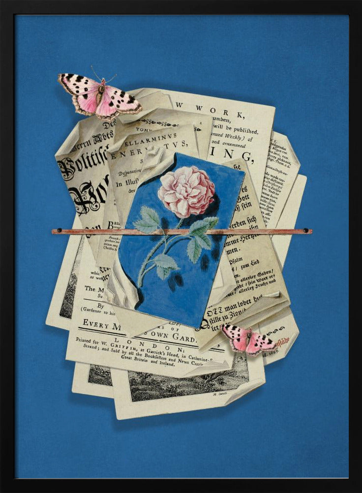 Pink Rose Surrounded By Vintage Paper | Poster