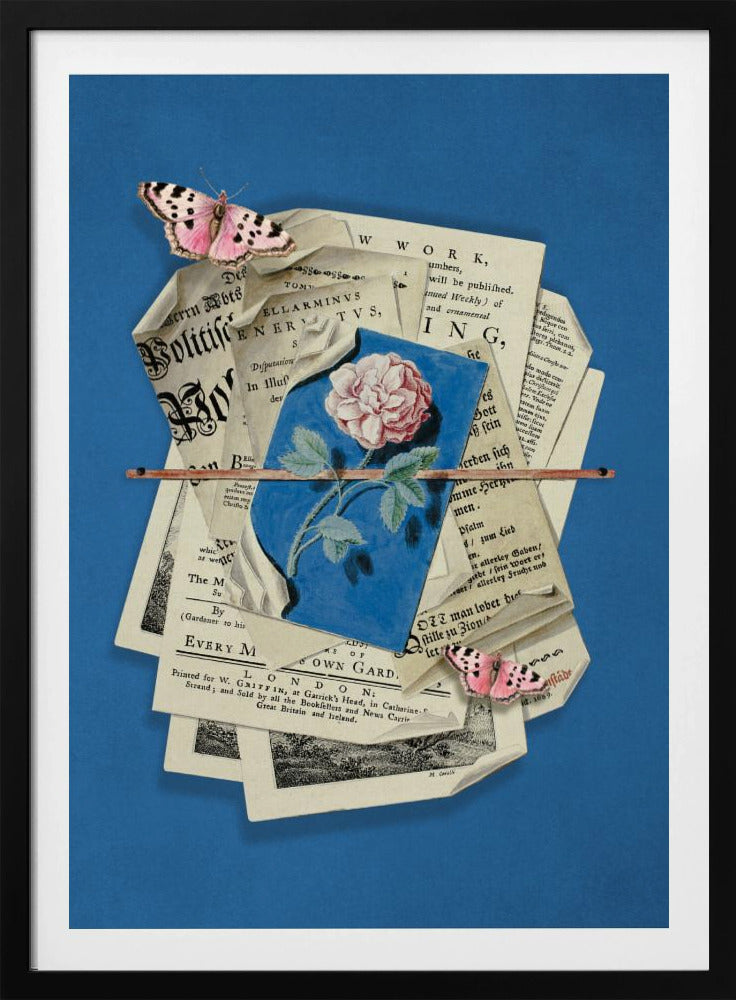 Pink Rose Surrounded By Vintage Paper | Poster
