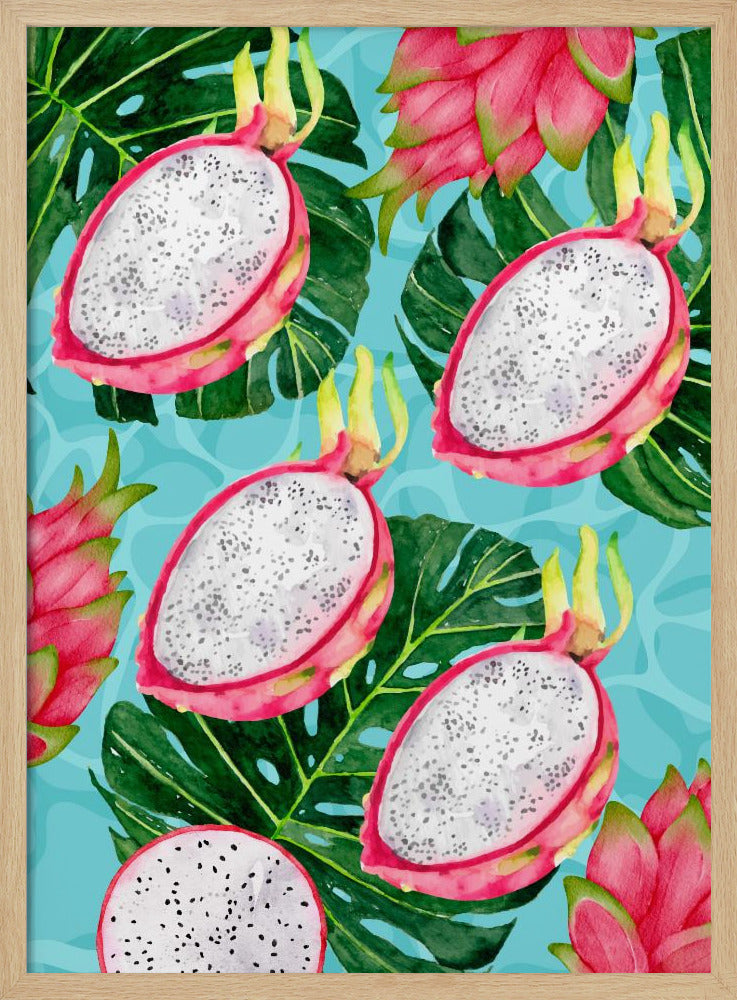 Vibrant Dragon Fruit & Monstera Leaves Aesthetic Pattern - Exotic Tropical watercolor | Poster