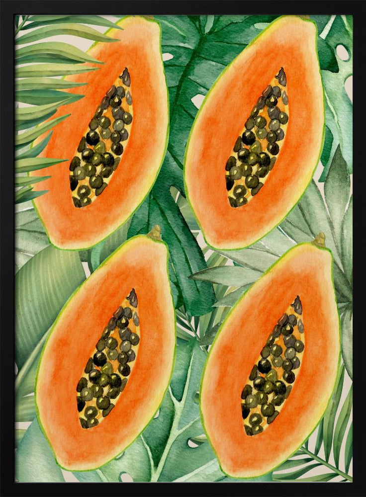 Exotic Papaya and Lush Green Leaves Aesthetic Pattern - Tropical Botanical Watercolor | Poster