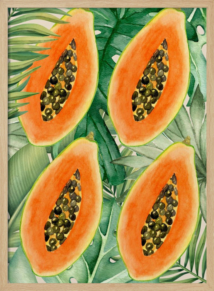Exotic Papaya and Lush Green Leaves Aesthetic Pattern - Tropical Botanical Watercolor | Poster