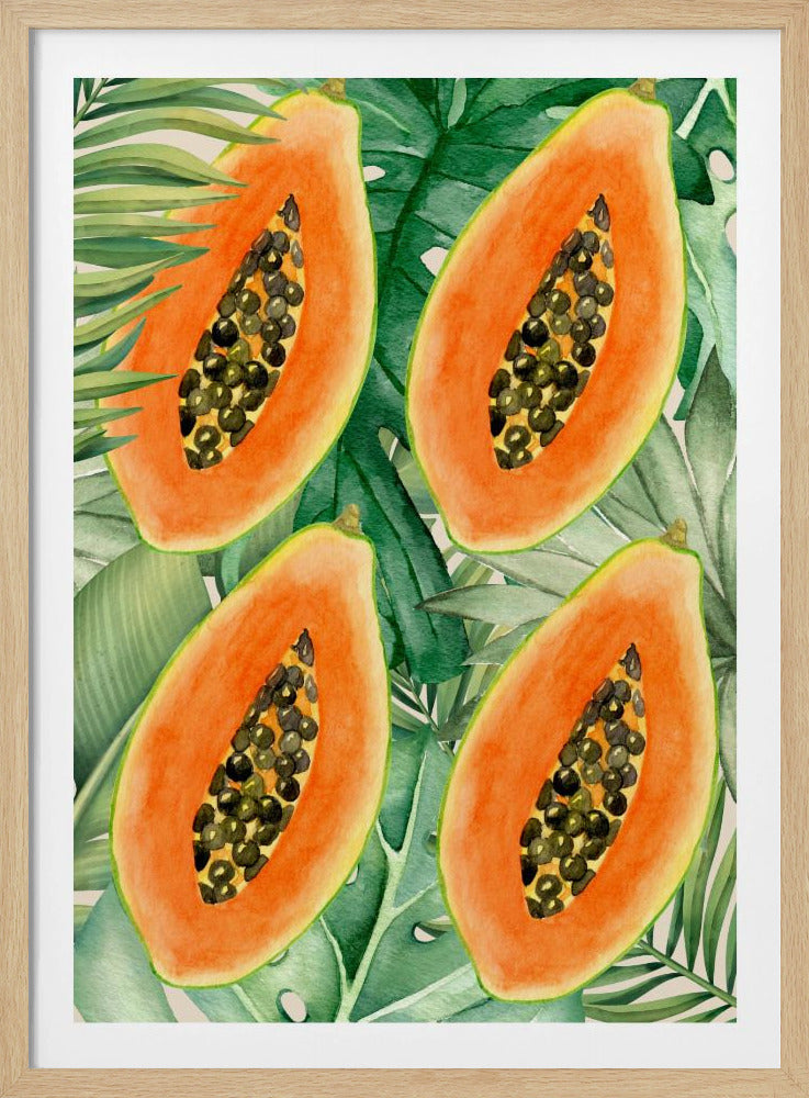 Exotic Papaya and Lush Green Leaves Aesthetic Pattern - Tropical Botanical Watercolor | Poster