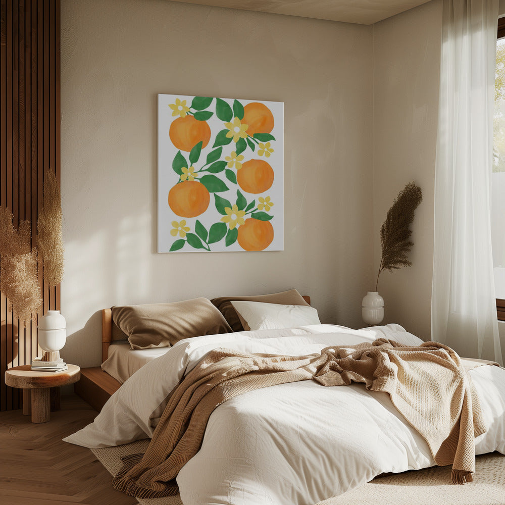 Oranges with Green Leaves and Delicate Yellow Flowers | Canvas