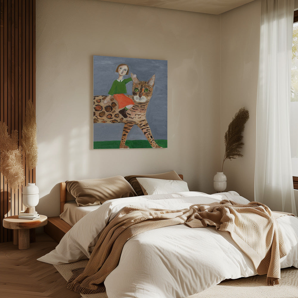 Girl on Bengal Cat | Canvas