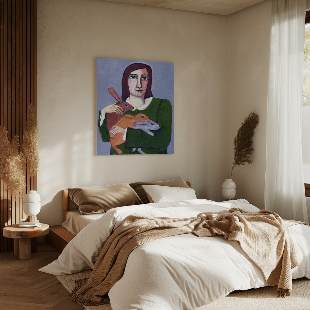 Lady with Three Rabbiets | Canvas