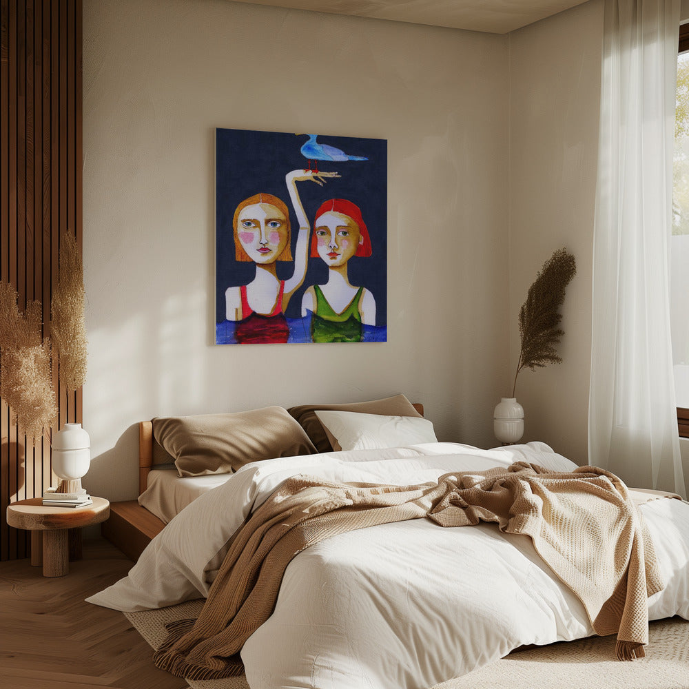 Swimming Girls with Blue Seagul. | Canvas