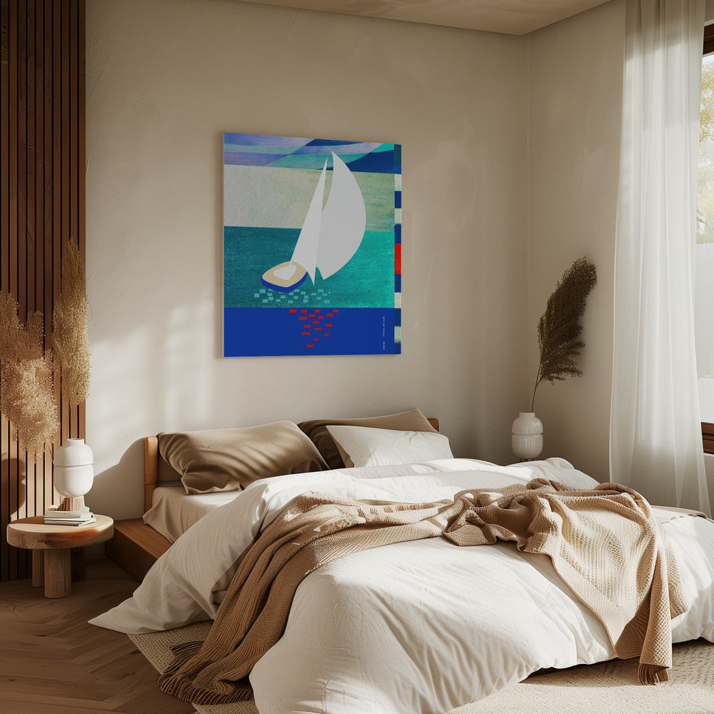 White Sailboat With Reflections, Abstract Sea Art With Graphic Stripes | Canvas