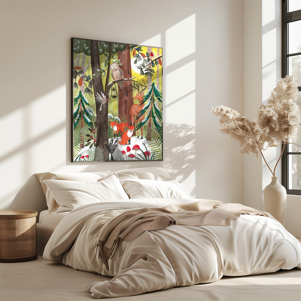 Green Christmas forest with animals | Poster