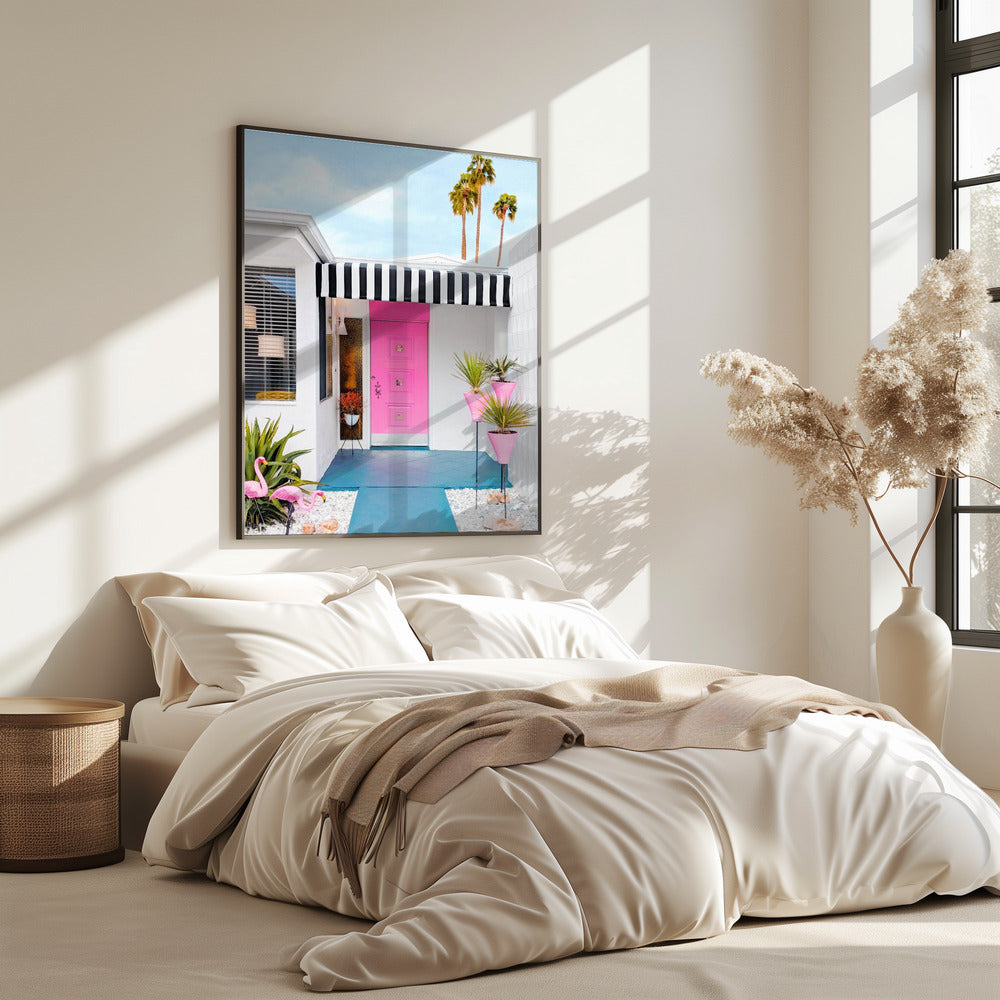 Pink Door with Yard Flamingos | Poster