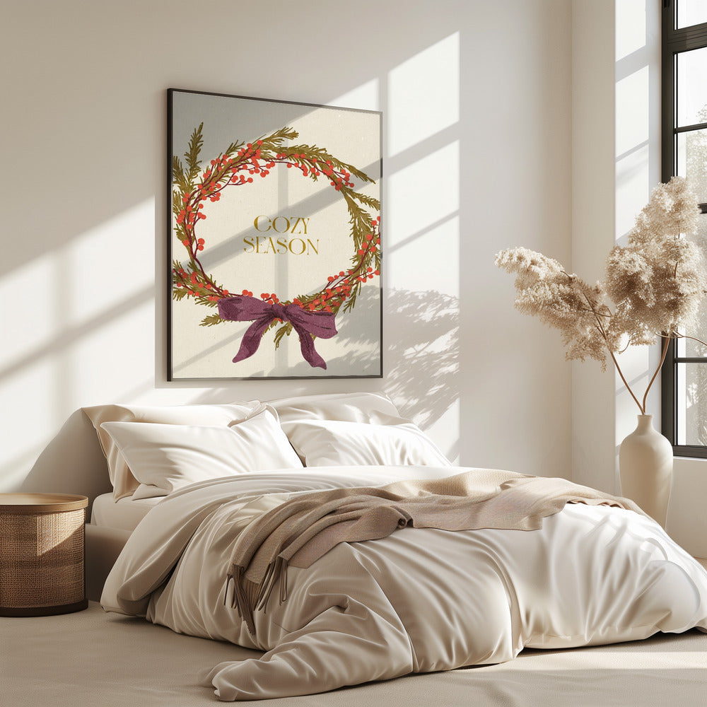 Cozy Season. Christmas wreath with bow | Poster
