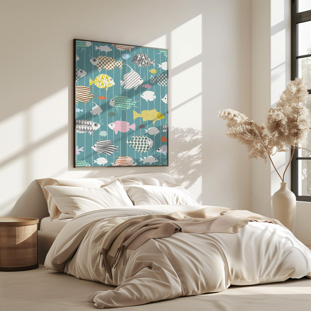 Fresh fish on teal pattern | Poster