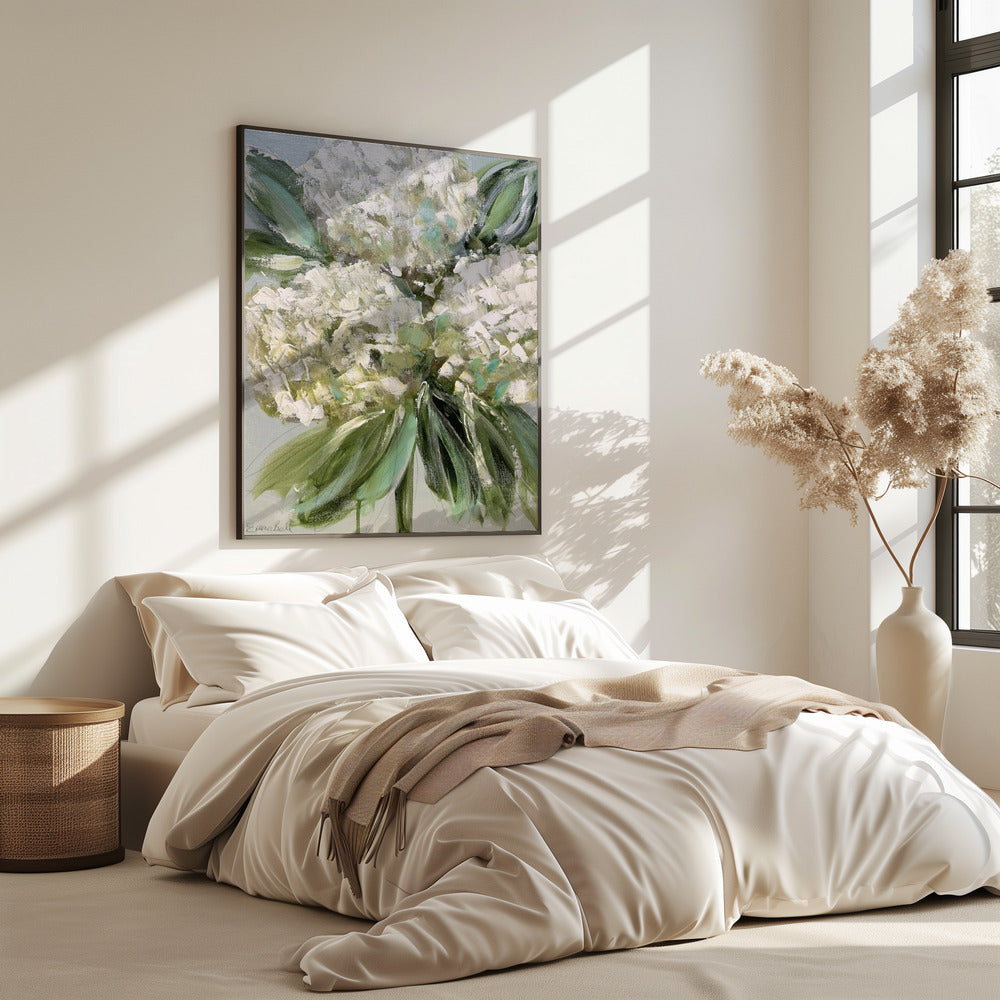 White Hydrangeas with Lush Green Leaves | Poster