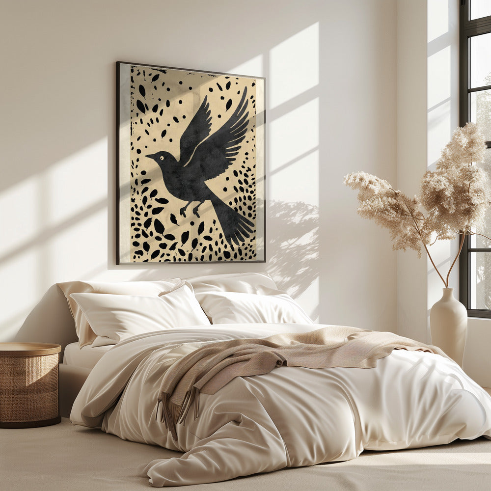 Bird In Flight Surrounded By Scattered Leaves | Poster
