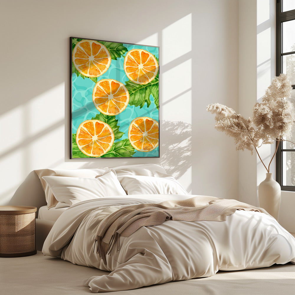 Vibrant Aesthetic Pattern of Orange Slices and Leaves - Refreshing Summer Watercolor | Poster