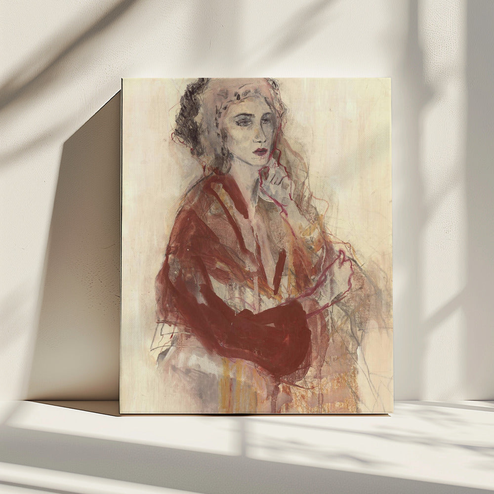 Contemplative Woman In Warm Red Tones | Canvas