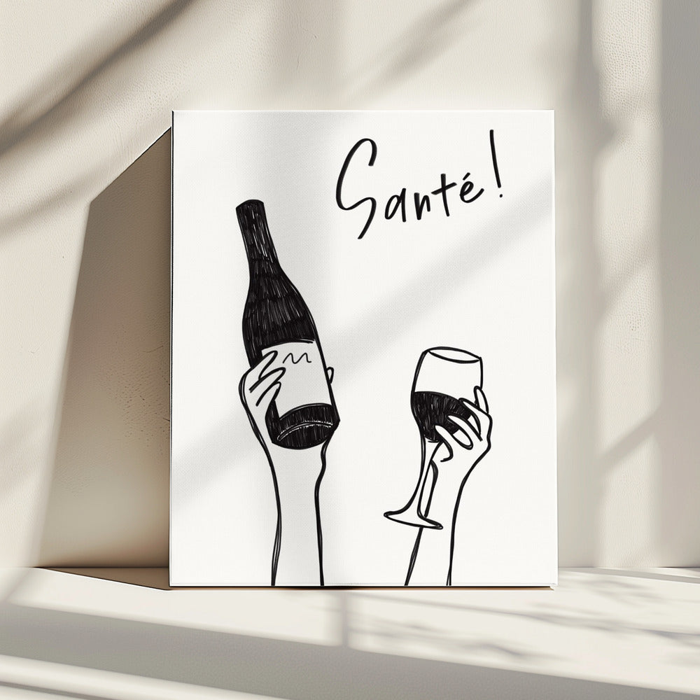Hands holding a wine bottle and a wine glass with the text "Cheers!" in French | Canvas