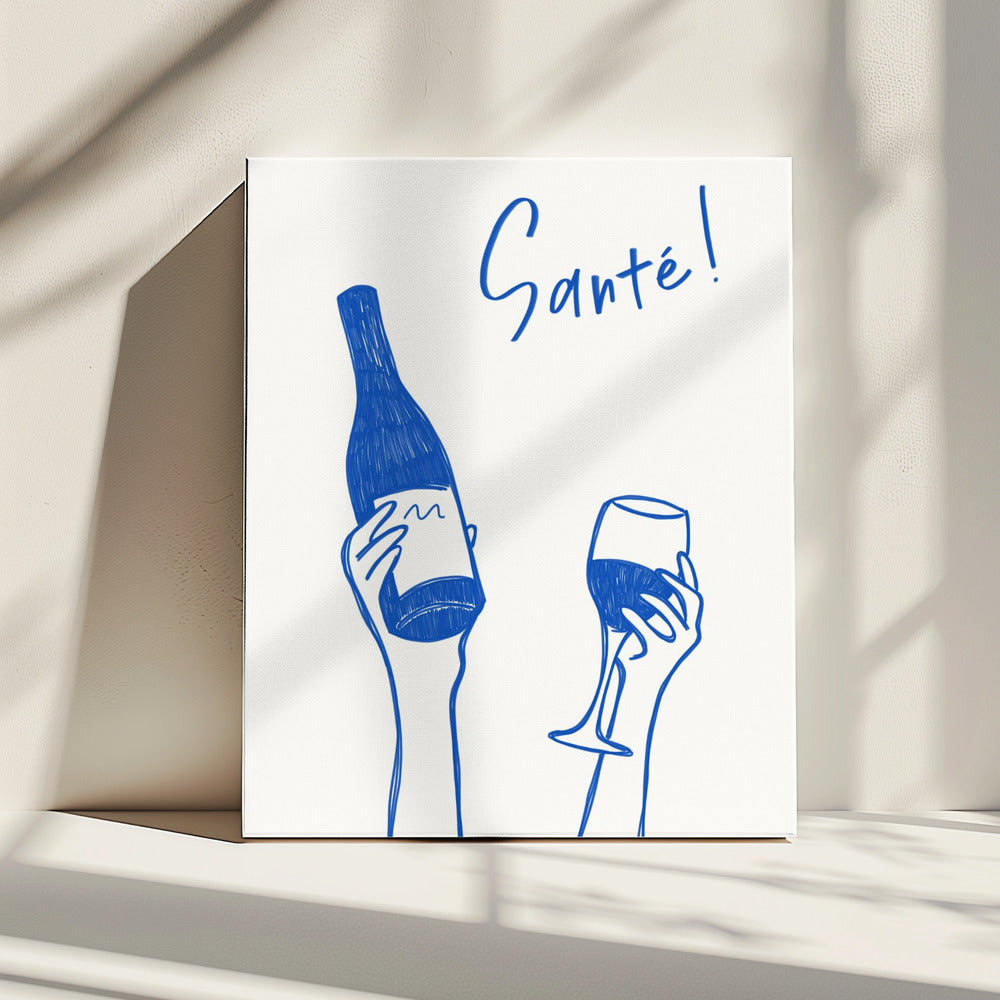 Hands holding a wine bottle and a wine glass with the text "Cheers!" in French | Canvas