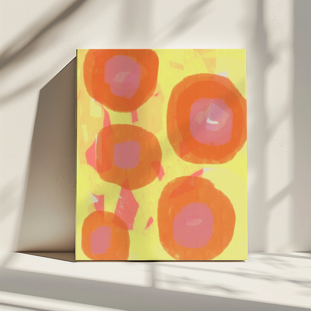 Abstract Painting. Boho roses in orange and pink on yellow. | Canvas