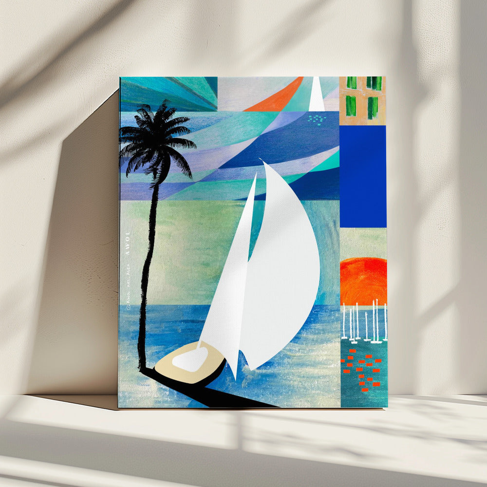 Colourful Mediterranean Travel Art Print With Sunrise And Palm Tree | Canvas