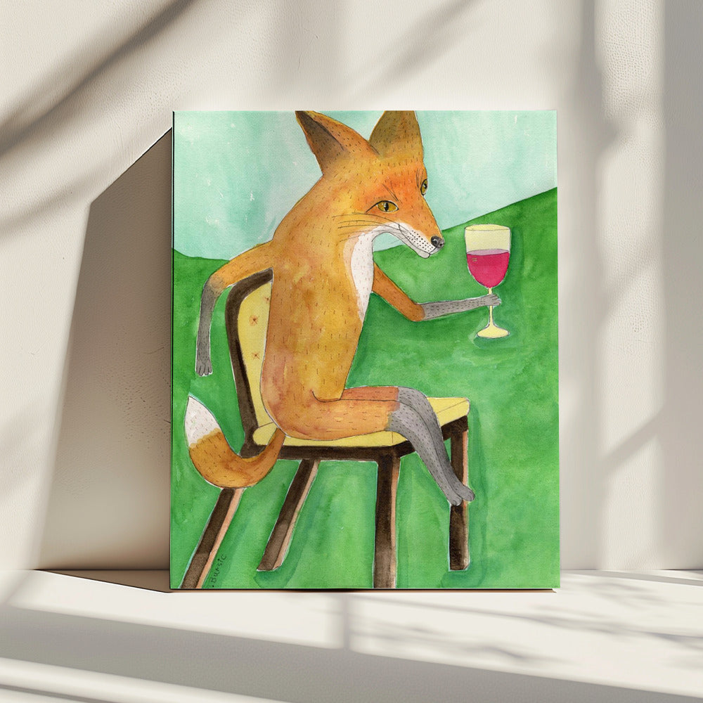 Mr. Fox drinking red wine | Canvas