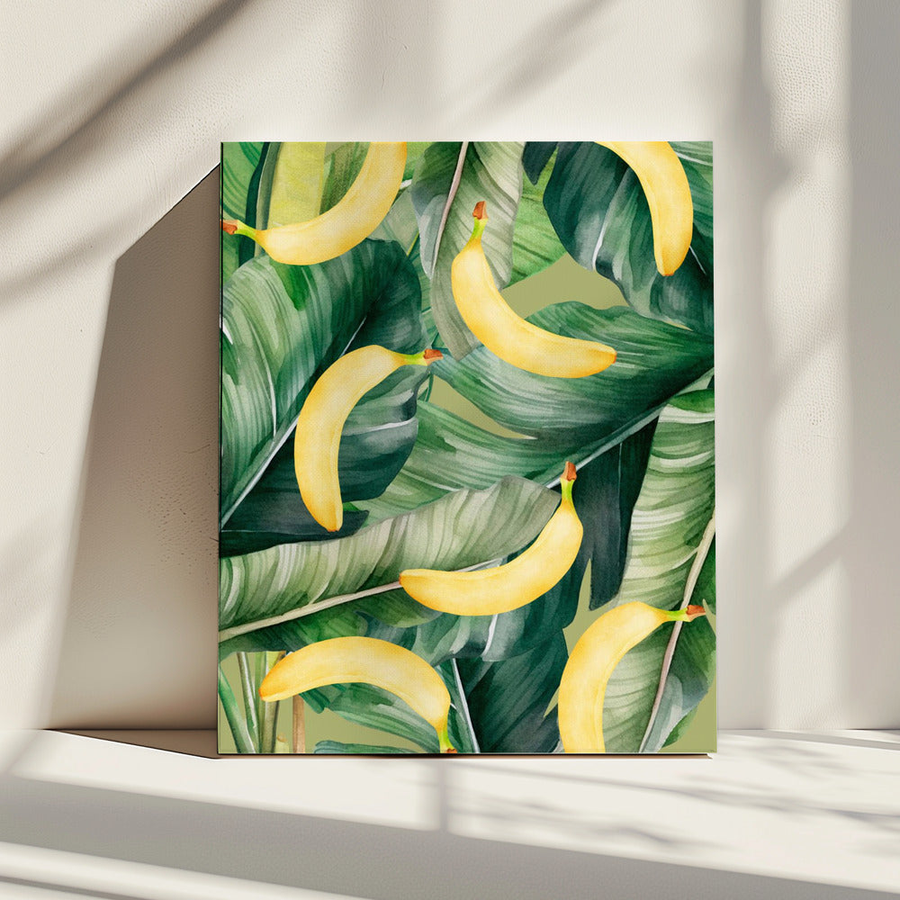 Fresh Banana & Lush Tropical Leaves Aesthetic Pattern - Natural Watercolor Design | Canvas