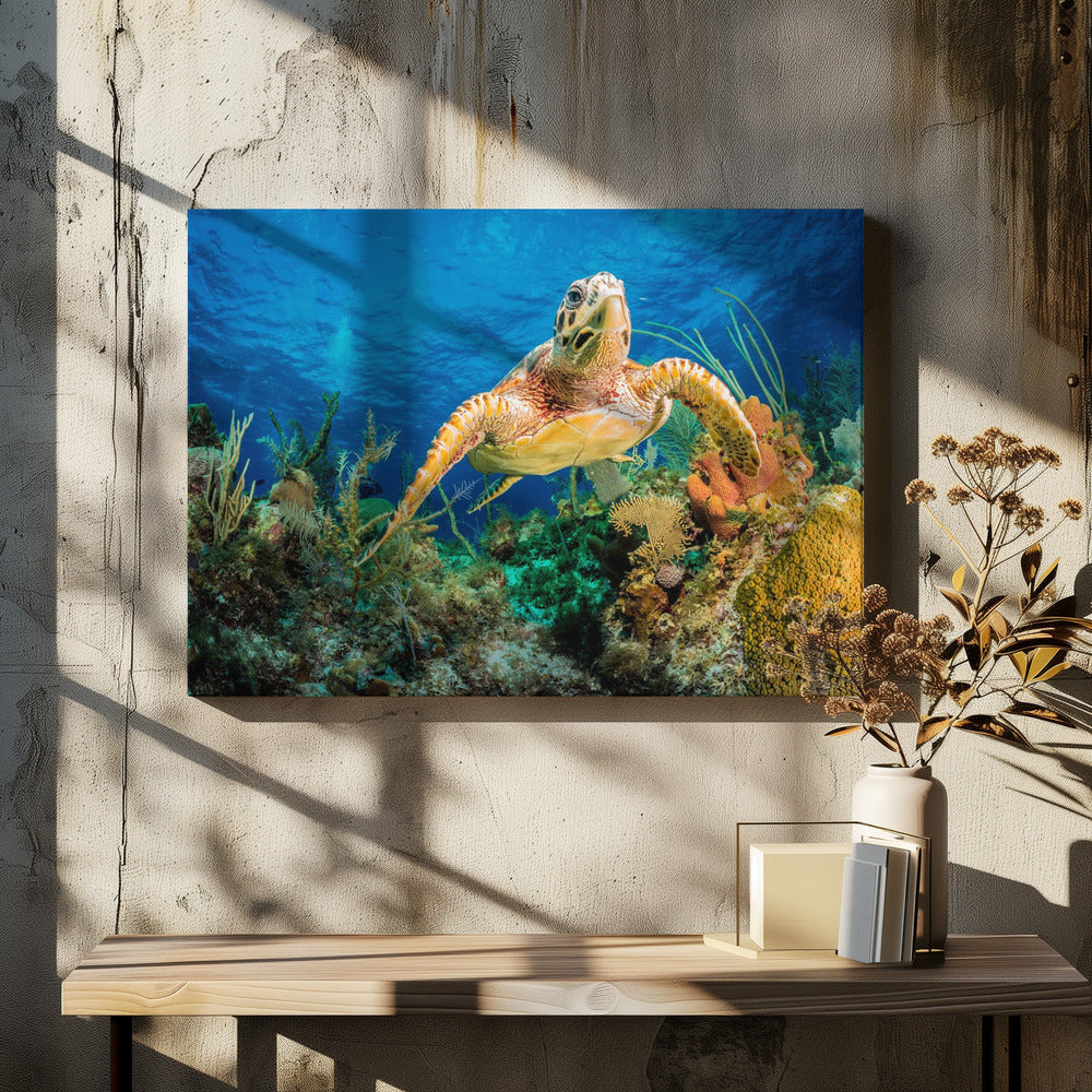 Hawksbill turtle swimming through Caribbean reef | Canvas