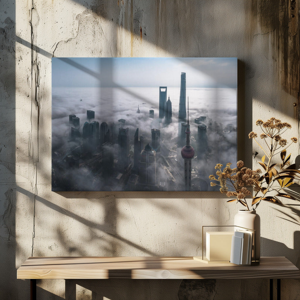 Shanghai in the fog from above | Canvas