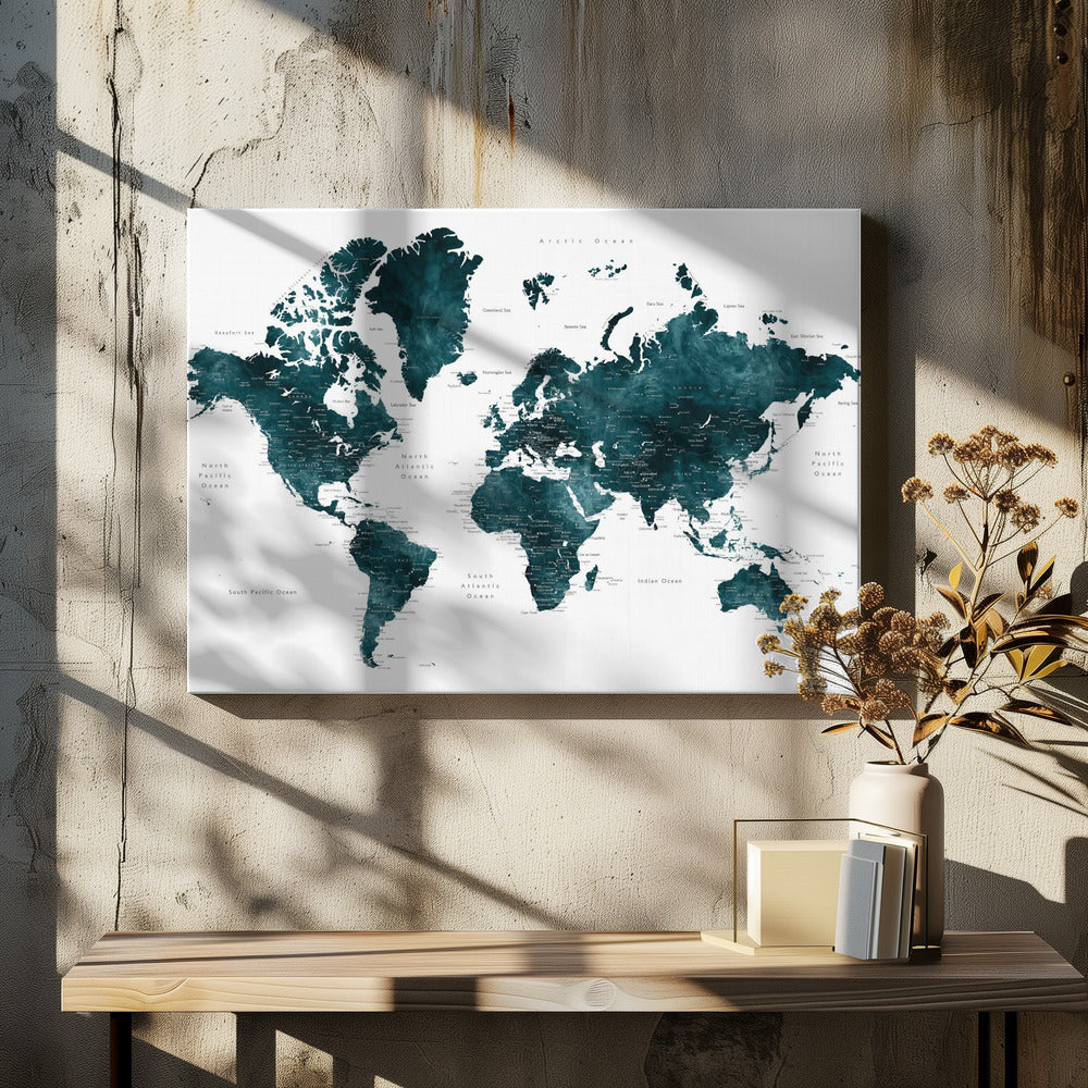 Dark teal world map with cities, Makani | Canvas