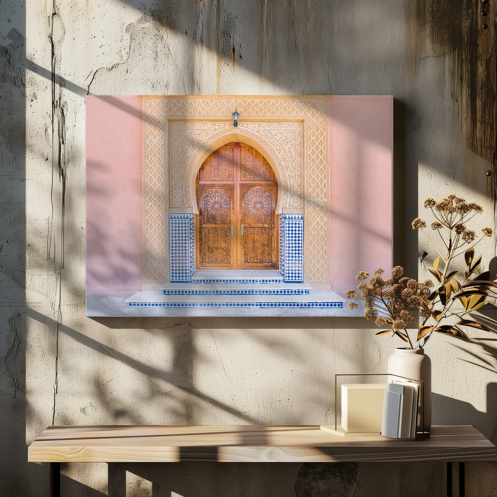 Brown door, blue tiles, pink wall in Morocco | Canvas