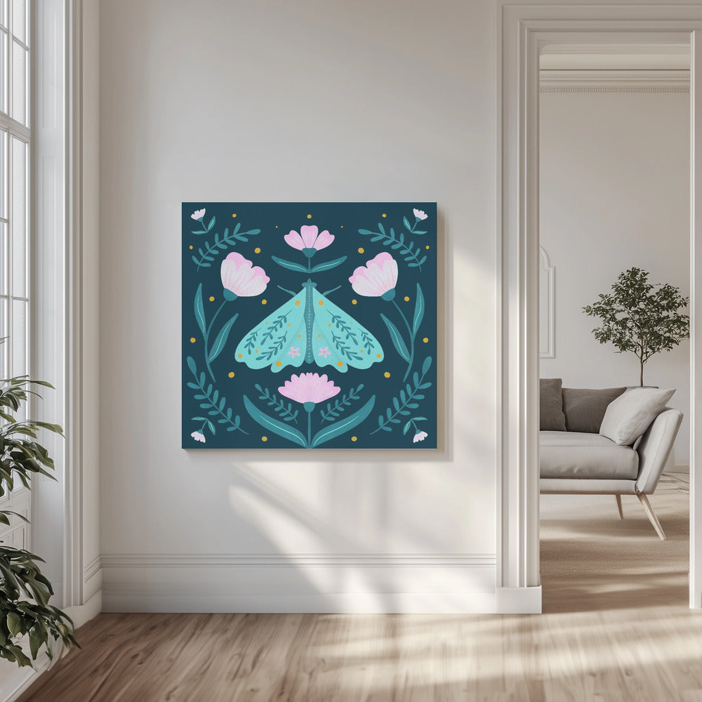 Moth and Flowers - turquoise | Canvas